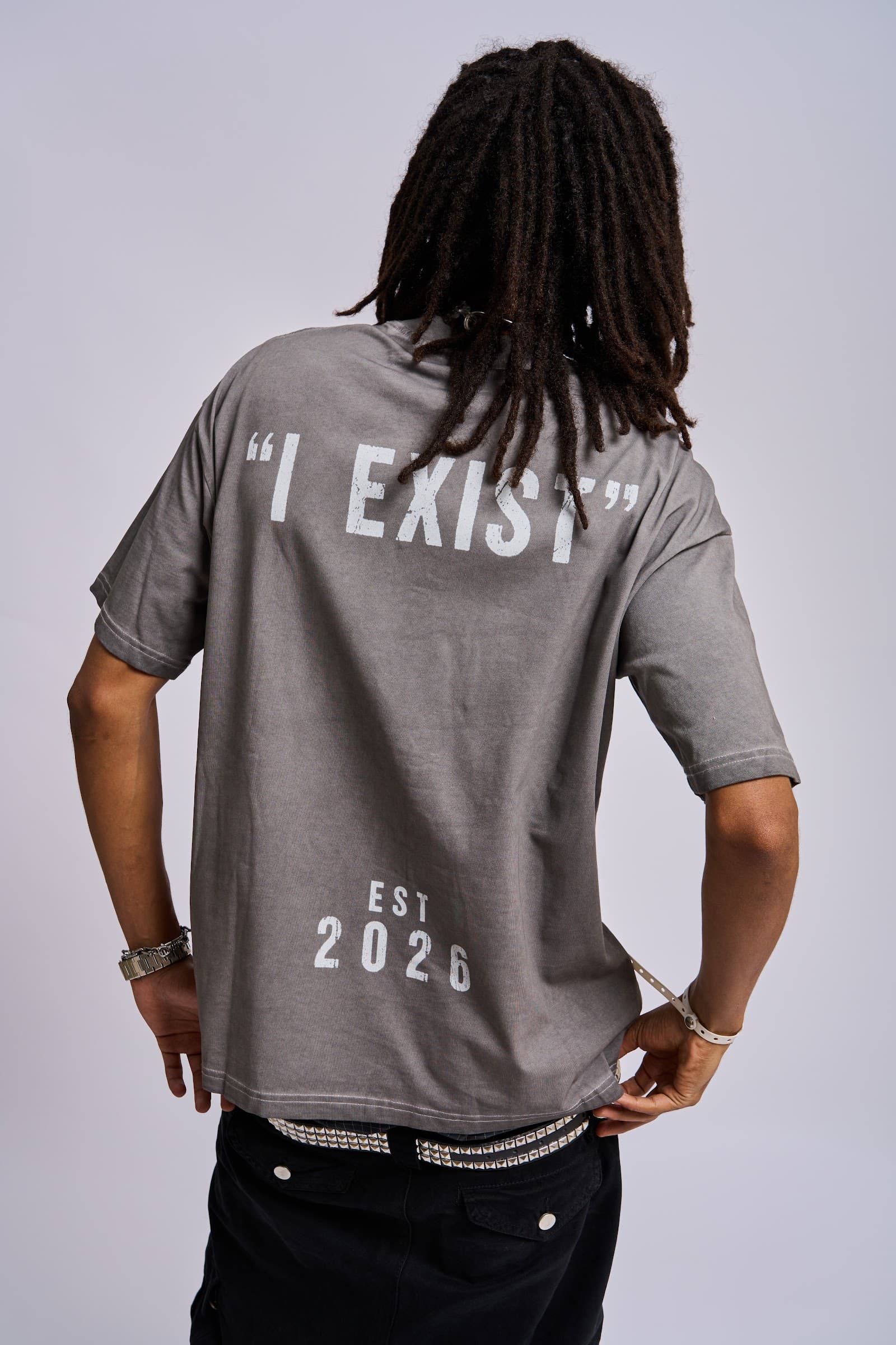 ‘I Exist’ tee, washed grey — back I EXIST print