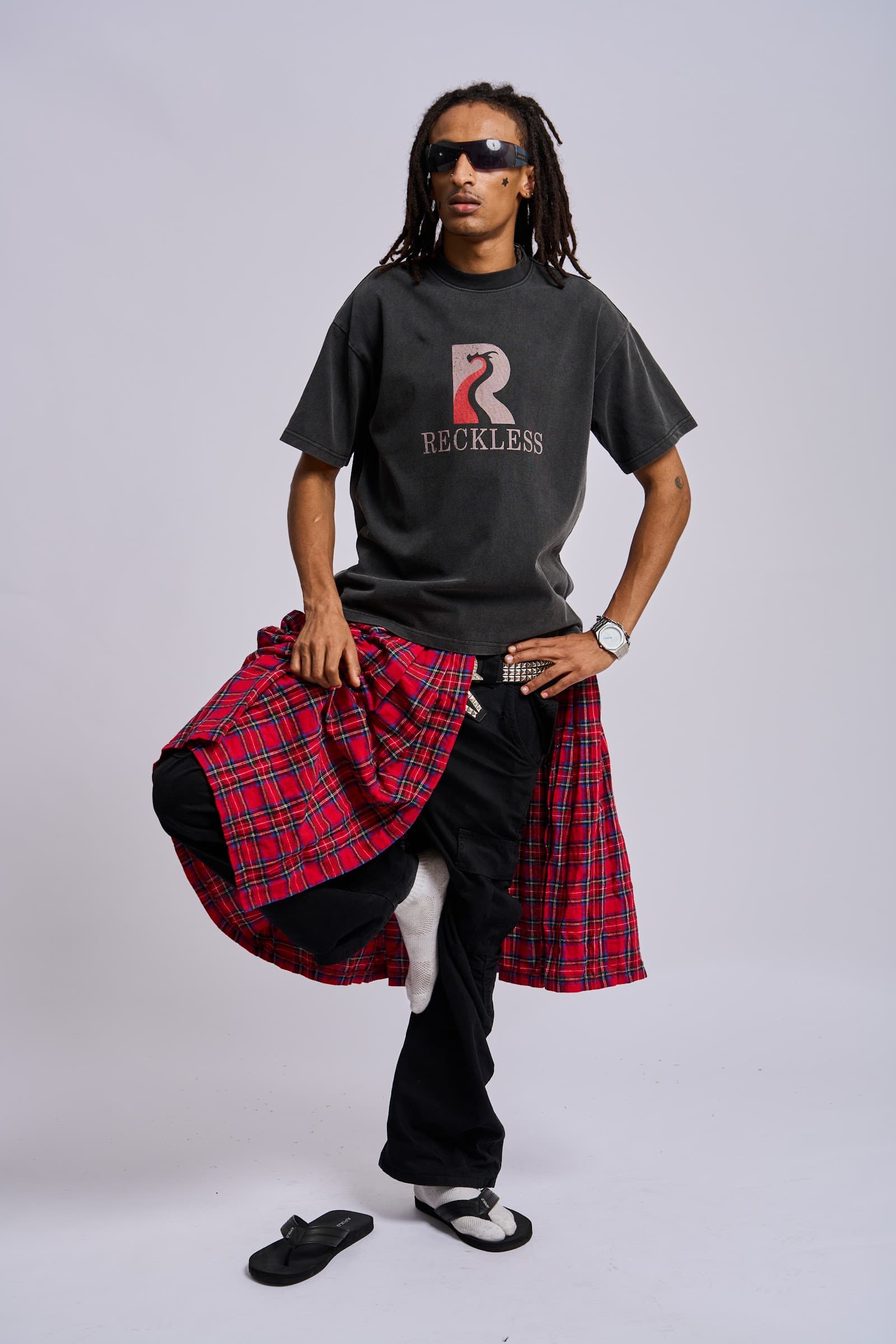 ‘Reckless’ tee, washed black — styled