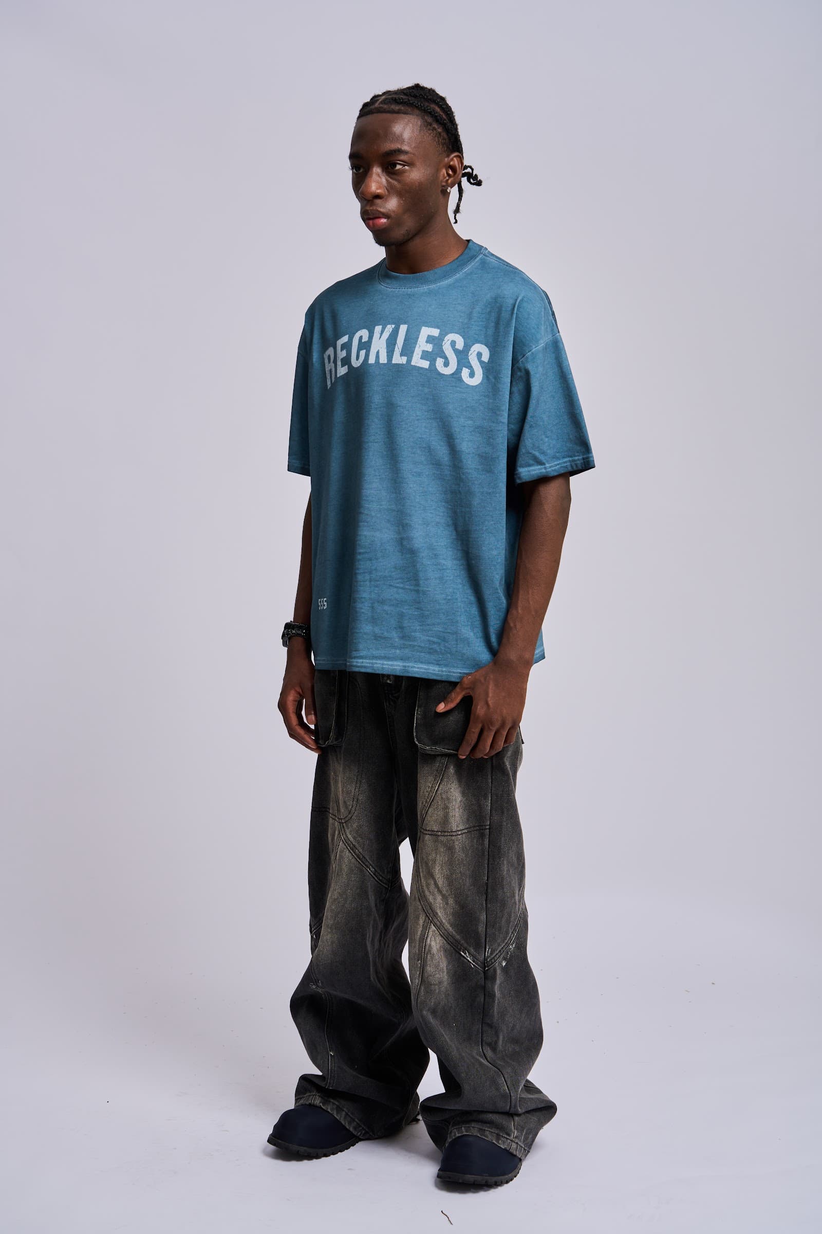 ‘I Exist’ tee, washed blue — full look