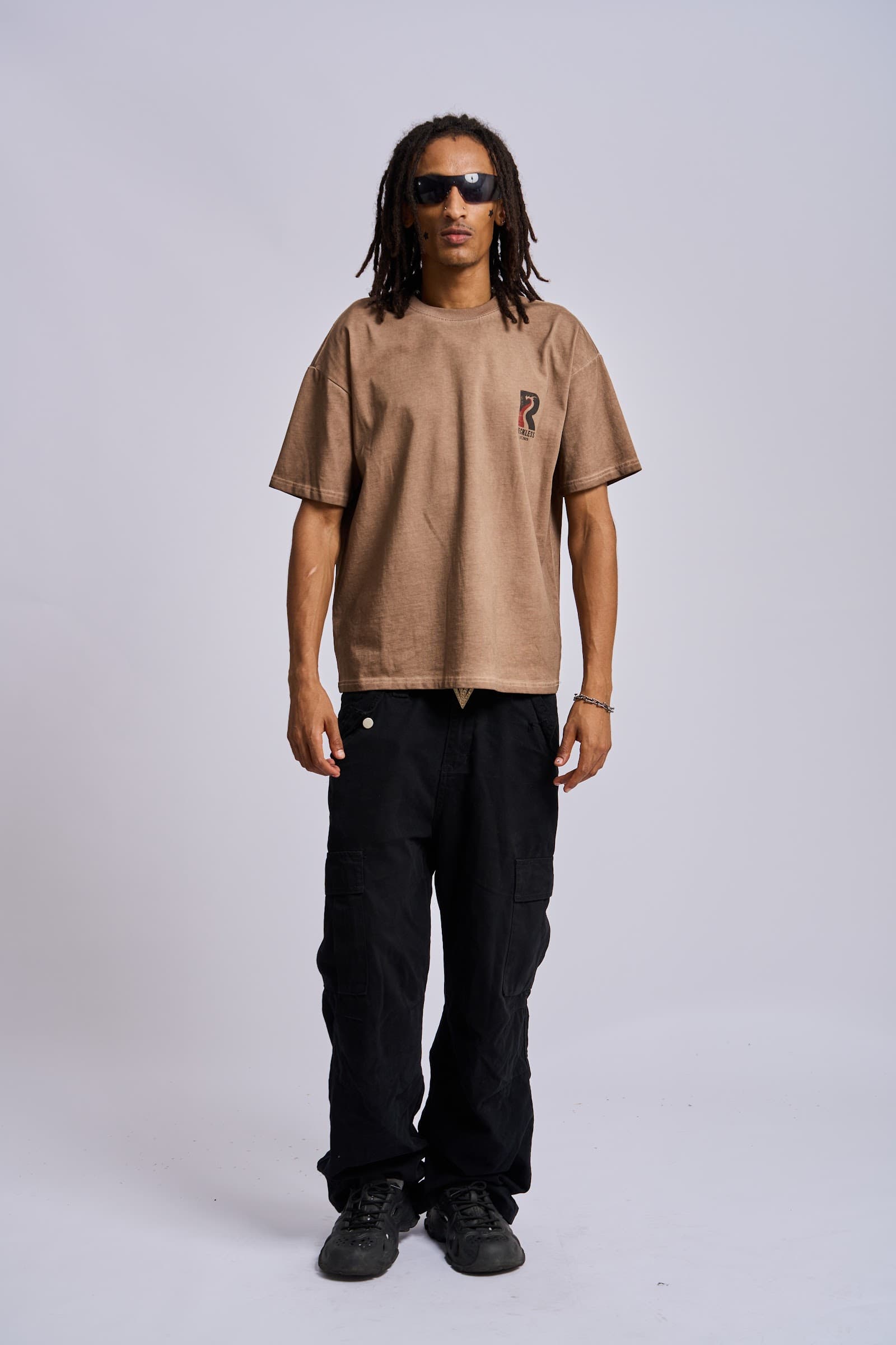 ‘Identity’ tee, washed brown — full look